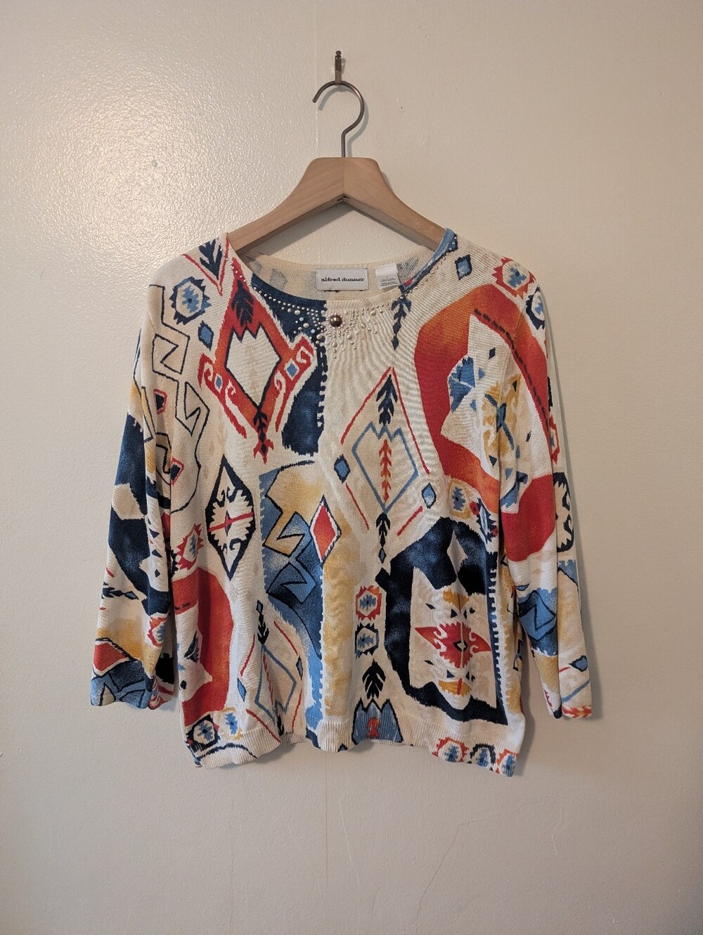 Alfred Dunner Geometric Southwestern Beaded Embellished Knit Sweater Large